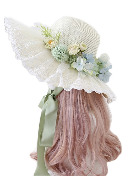 Classic Lolita Sweet Flower Bow Knots Decoration Lace Wide Brim Design Shade Straw Hat