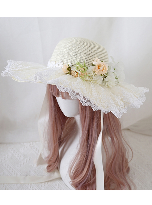 Classic Lolita Sweet Flower Bow Knots Decoration Lace Wide Brim Design Shade Straw Hat