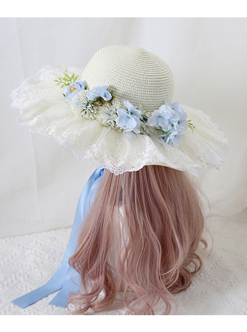 Classic Lolita Sweet Flower Bow Knots Decoration Lace Wide Brim Design Shade Straw Hat