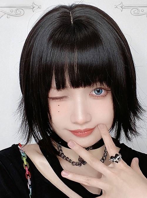 Japanese Style Black Bangs Classic Lolita Short Warped Outwards Wigs