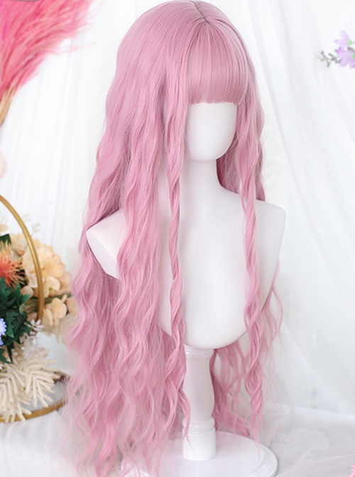 Classic Lolita Pink Air Bangs Cute Water Ripple Curl Long Wigs