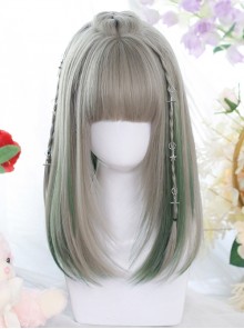 Classic Lolita Cute Bangs Nature Gray Medium Length Straight Hair Match Green Wigs