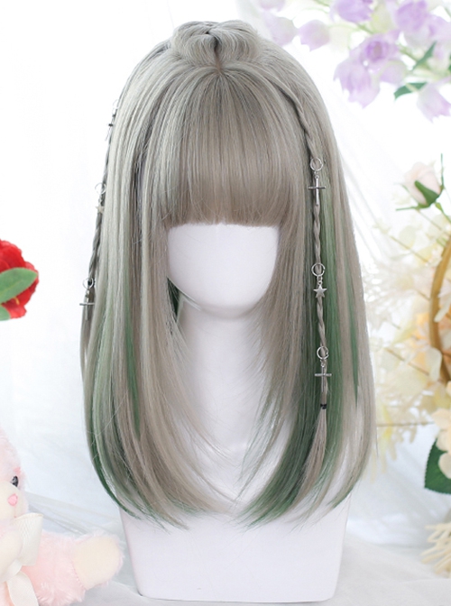 Classic Lolita Cute Bangs Nature Gray Medium Length Straight Hair Match Green Wigs