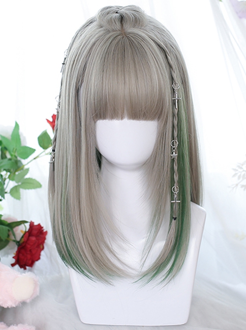 Classic Lolita Cute Bangs Nature Gray Medium Length Straight Hair Match Green Wigs