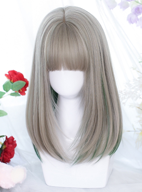 Classic Lolita Cute Bangs Nature Gray Medium Length Straight Hair Match Green Wigs