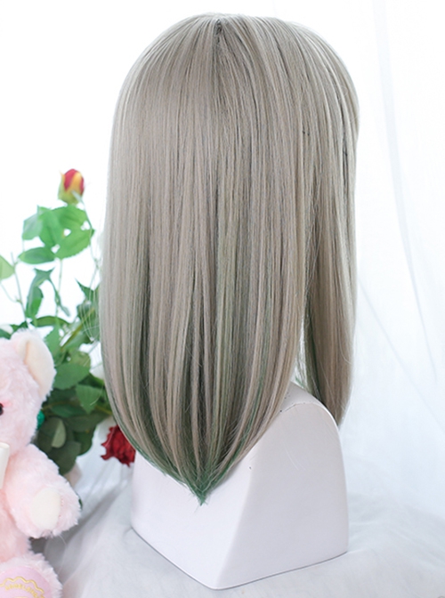 Classic Lolita Cute Bangs Nature Gray Medium Length Straight Hair Match Green Wigs