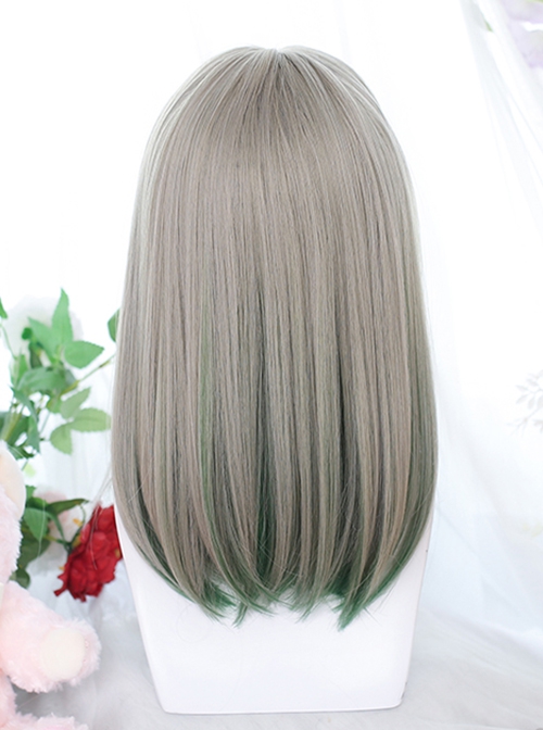 Classic Lolita Cute Bangs Nature Gray Medium Length Straight Hair Match Green Wigs