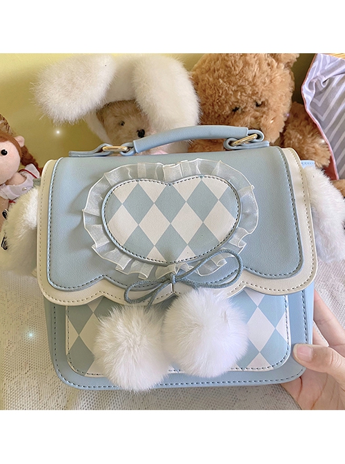 Cute Plush Bunny Ears Heart Shape Design Blue Sweet Lolita Square Backpack