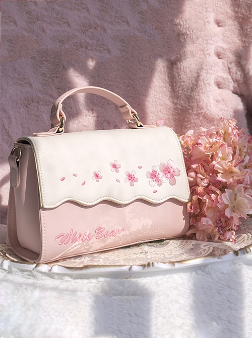 Exquisite Cherry Blossom Embroidery Decoration Pink And White Classic Lolita Square Textured Crossbody Bag