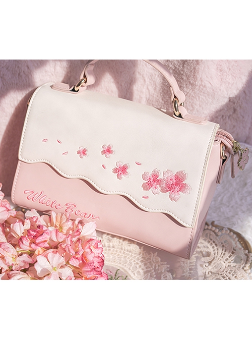 Exquisite Cherry Blossom Embroidery Decoration Pink And White Classic Lolita Square Textured Crossbody Bag