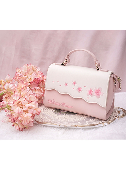 Exquisite Cherry Blossom Embroidery Decoration Pink And White Classic Lolita Square Textured Crossbody Bag