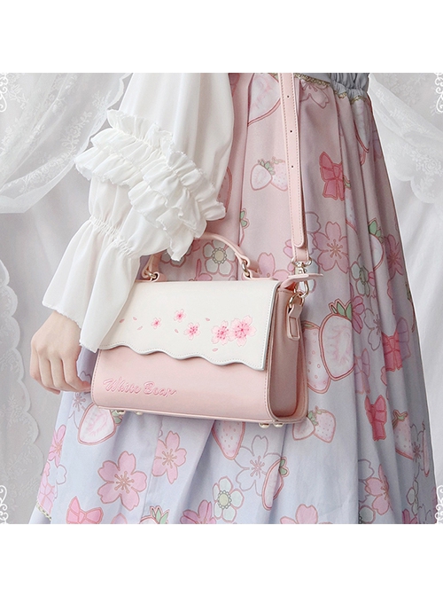 Exquisite Cherry Blossom Embroidery Decoration Pink And White Classic Lolita Square Textured Crossbody Bag