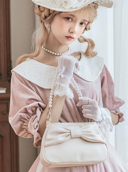 Classic Solid Color Large Bow  Knot Design Elegant Pearl Chain Classic Lolita Bag