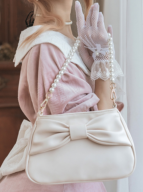 Classic Solid Color Large Bow  Knot Design Elegant Pearl Chain Classic Lolita Bag