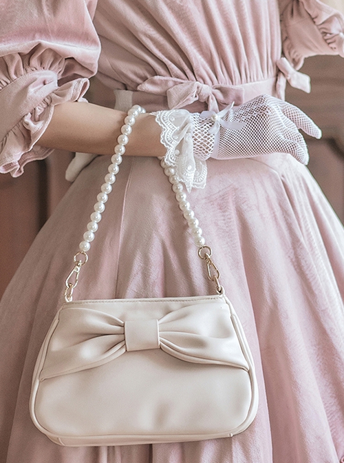 Classic Solid Color Large Bow  Knot Design Elegant Pearl Chain Classic Lolita Bag