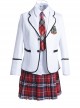 Campus Style White Suit And Tie Badge Red Plaid Skirt Decoration Female College JK Uniform Set