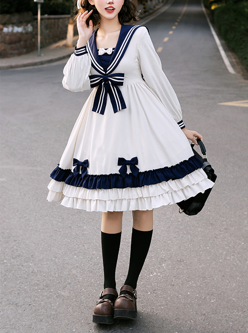 Heart Route Series OP White Sailor Suit V-Neck Design Bow Knots Decoration Long Sleeve Classic Lolita Dress