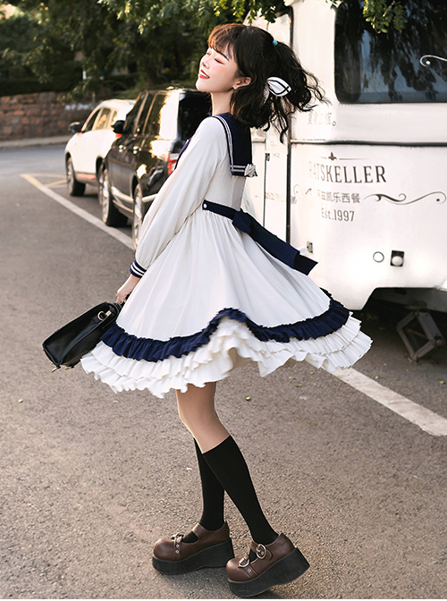 Heart Route Series OP White Sailor Suit V-Neck Design Bow Knots Decoration Long Sleeve Classic Lolita Dress