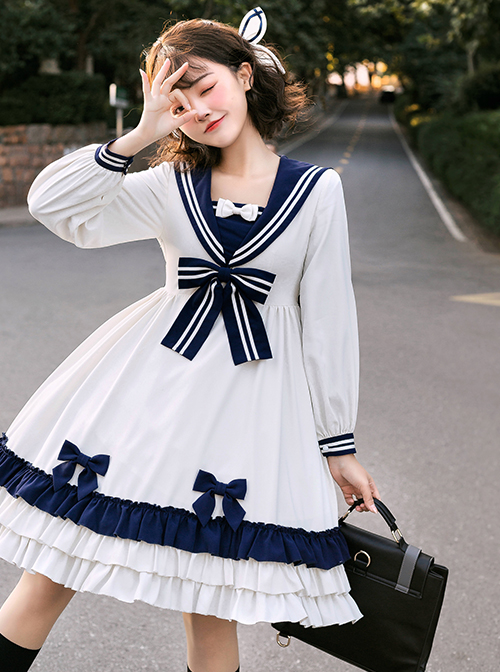 Heart Route Series OP White Sailor Suit V-Neck Design Bow Knots Decoration Long Sleeve Classic Lolita Dress