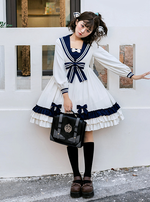 Heart Route Series OP White Sailor Suit V-Neck Design Bow Knots Decoration Long Sleeve Classic Lolita Dress