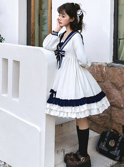 Heart Route Series OP White Sailor Suit V-Neck Design Bow Knots Decoration Long Sleeve Classic Lolita Dress