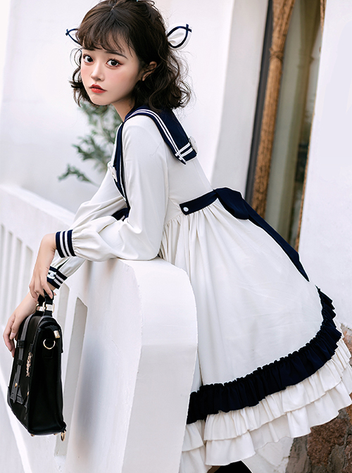 Heart Route Series OP White Sailor Suit V-Neck Design Bow Knots Decoration Long Sleeve Classic Lolita Dress