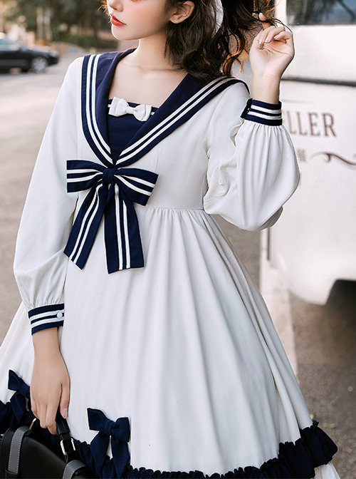 Heart Route Series OP White Sailor Suit V-Neck Design Bow Knots Decoration Long Sleeve Classic Lolita Dress