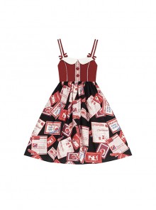 Strawberry Daily Series JSK Retro Strawberry Newspaper Pattern Element Cute Button Decoration Classic Lolita Black Slip Dress