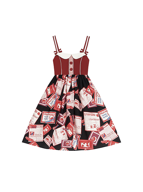 Strawberry Daily Series JSK Retro Strawberry Newspaper Pattern Element Cute Button Decoration Classic Lolita Black Slip Dress