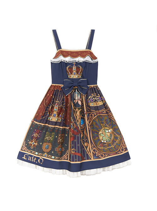 Glory Book Series Vintage Crown Jewels Pattern Print Classic Lolita Bow Knot Sling Dress