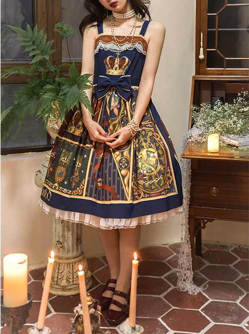 Glory Book Series Vintage Crown Jewels Pattern Print Classic Lolita Bow Knot Sling Dress