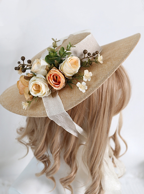 Forest Style Pastoral Style French Retro Flat Eaves Rose Flower Decoration Flat Hat