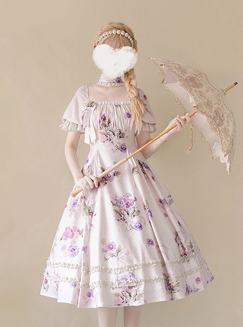 Sen Department Fresh Small Square Neck Rose Pattern Print White Bubble Short Sleeve Slim Fit Classic Lolita Dress