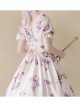 Sen Department Fresh Small Square Neck Rose Pattern Print White Bubble Short Sleeve Slim Fit Classic Lolita Dress