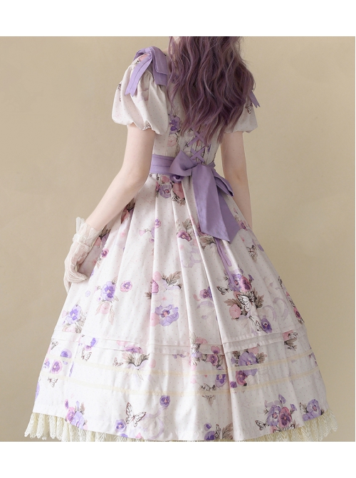 Fresh Small Dropped Shoulder Floral Pattern White Patchwork Lace Bubble Short Sleeve Classic Lolita Dress