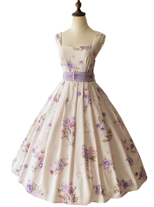 Simple White Floral Pattern Pearl Belt Open Back Large Bow Sleeveless Sling Classic Lolita Dress