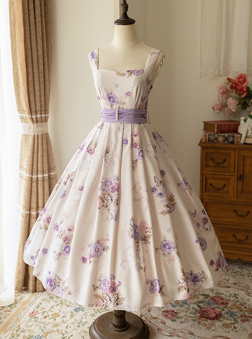 Simple White Floral Pattern Pearl Belt Open Back Large Bow Sleeveless Sling Classic Lolita Dress