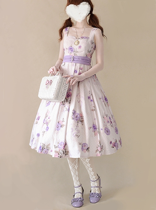 Simple White Floral Pattern Pearl Belt Open Back Large Bow Sleeveless Sling Classic Lolita Dress