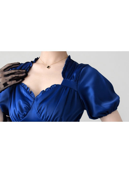 Elegant Satin Lace Lace Collar Tunic Slim Fit Multicolor Puff Short Sleeve Bow Belt Classic Lolita Dress