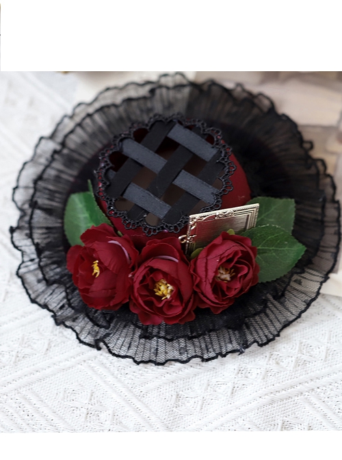 Classical Flower Decoration Pleated Lace Brim Lolita Top Hat
