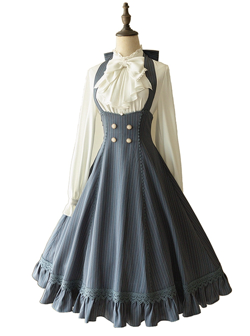 Elegant Slim Fit Detachable Halter Large Bow Striped Pocket Two-Wear Sling Classic Lolita Dress