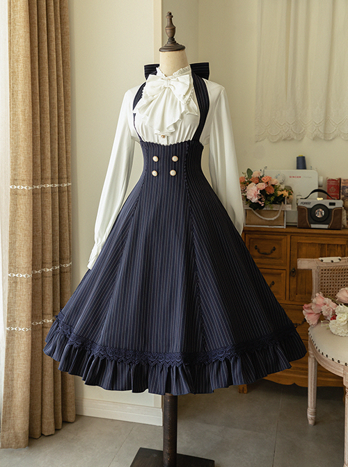 Elegant Slim Fit Detachable Halter Large Bow Striped Pocket Two-Wear Sling Classic Lolita Dress