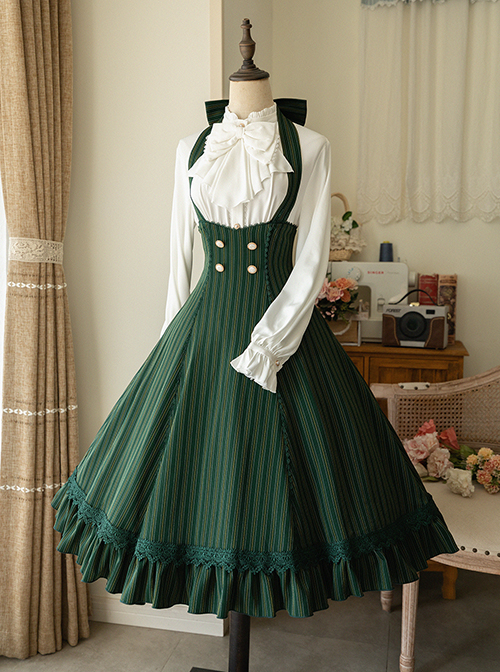 Elegant Slim Fit Detachable Halter Large Bow Striped Pocket Two-Wear Sling Classic Lolita Dress