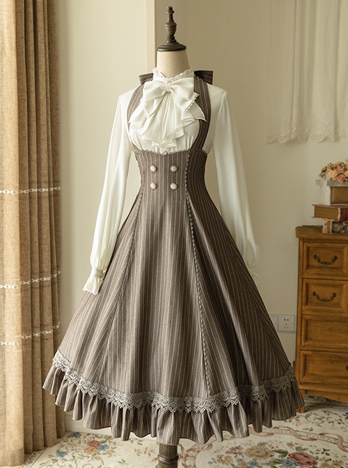 Elegant Slim Fit Detachable Halter Large Bow Striped Pocket Two-Wear Sling Classic Lolita Dress