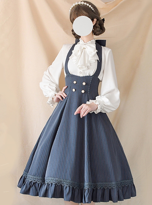 Elegant Slim Fit Detachable Halter Large Bow Striped Pocket Two-Wear Sling Classic Lolita Dress