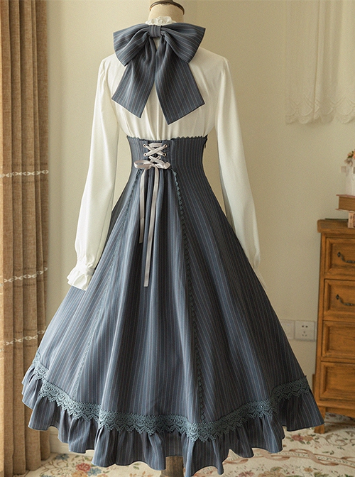 Elegant Slim Fit Detachable Halter Large Bow Striped Pocket Two-Wear Sling Classic Lolita Dress