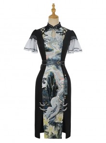 Shanhaijing Series Summer New Chinese Style Improved Small Flying Sleeve Black Print Stand Collar Hanfu Cheongsam Dress