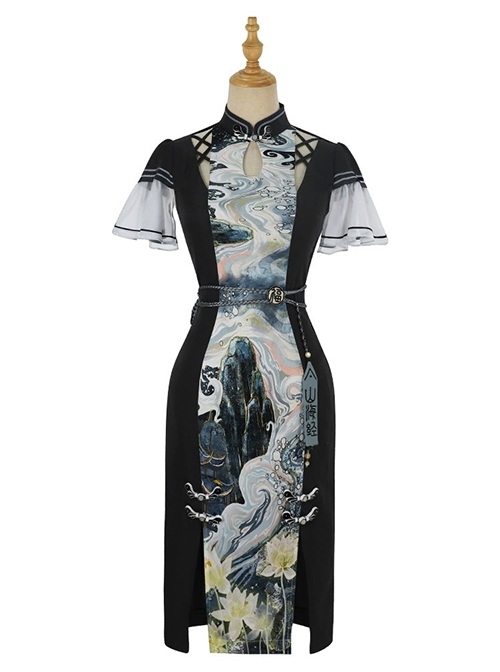 Shanhaijing Series Summer New Chinese Style Improved Small Flying Sleeve Black Print Stand Collar Hanfu Cheongsam Dress