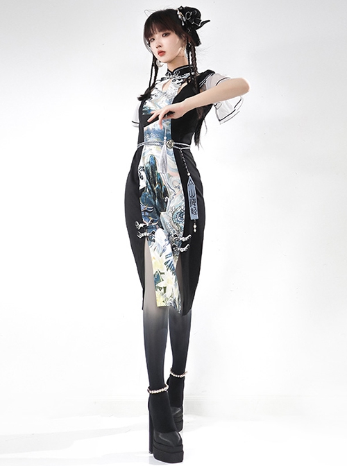 Shanhaijing Series Summer New Chinese Style Improved Small Flying Sleeve Black Print Stand Collar Hanfu Cheongsam Dress