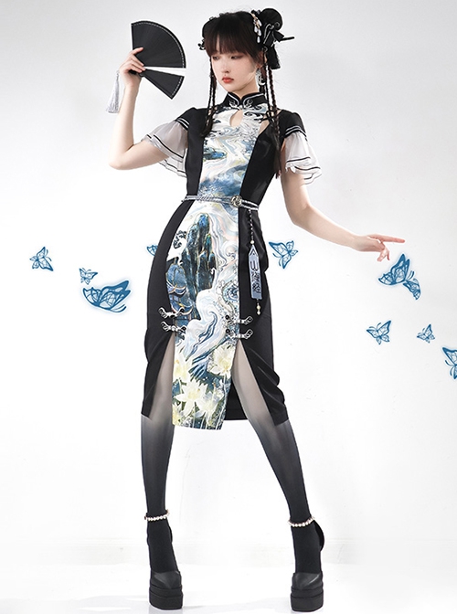 Shanhaijing Series Summer New Chinese Style Improved Small Flying Sleeve Black Print Stand Collar Hanfu Cheongsam Dress